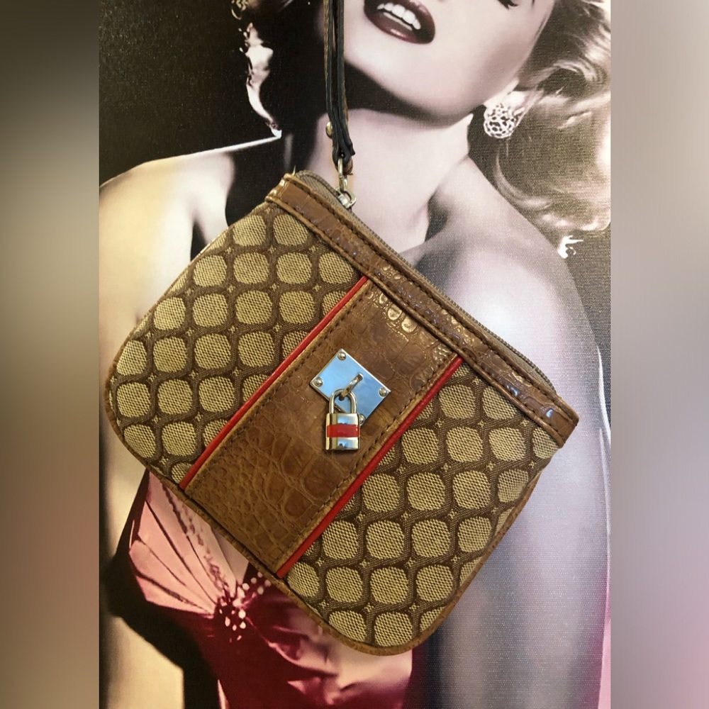 Nine West Wristlet in Geometric Print & Faux Reptile Leather & Lock Charm